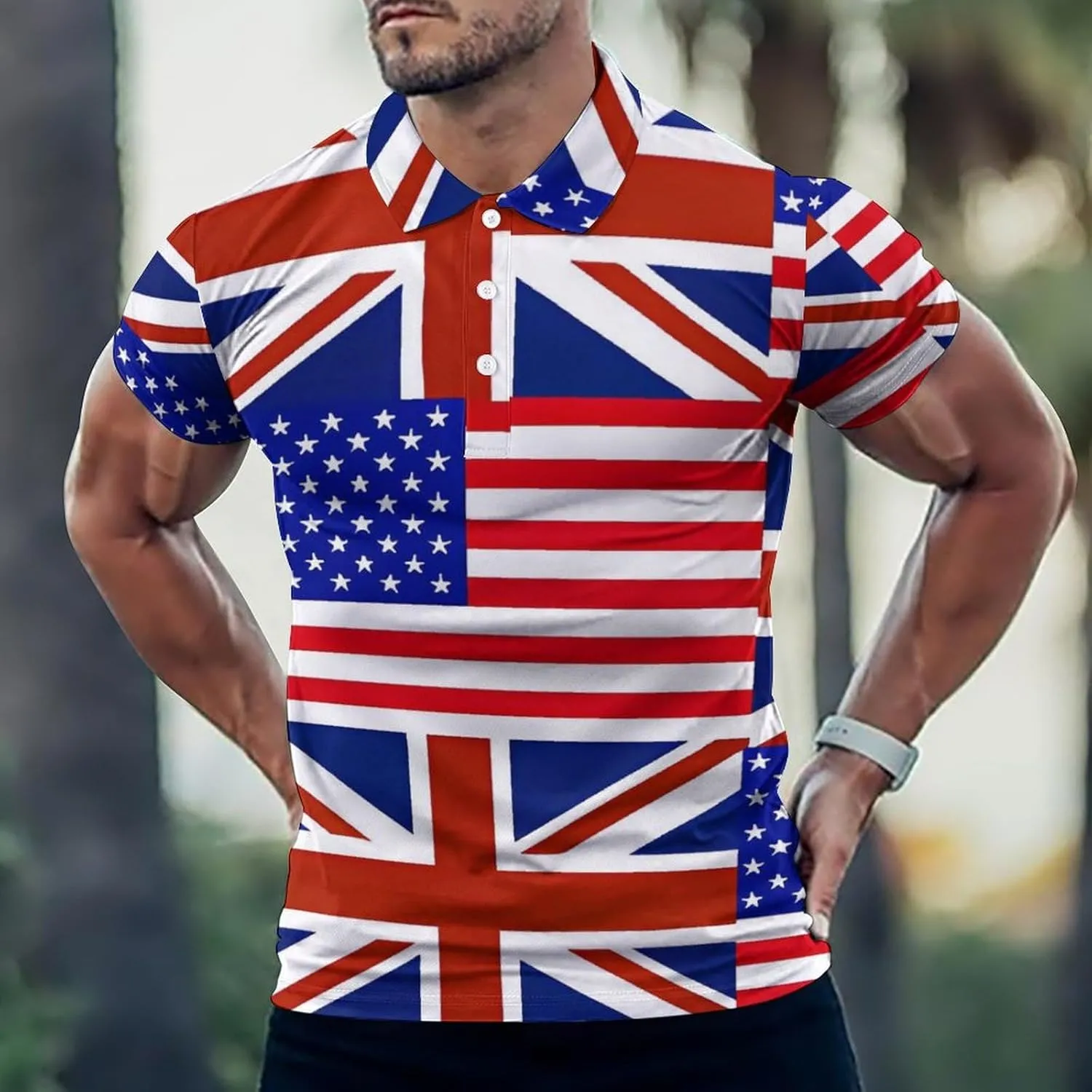 U.S. & UK Flag Mens Straight Short Sleeve Polo Shirts Sports Golf Tennis T-Shirt Quick Dry Long Top