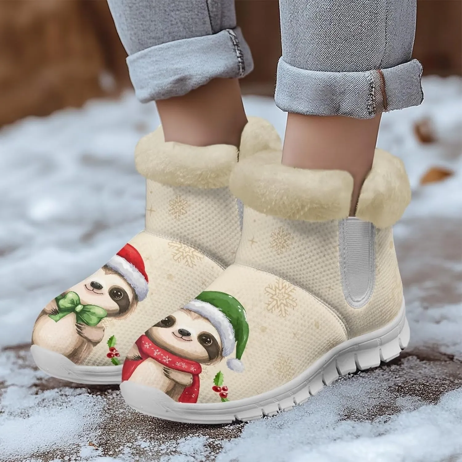 Winter Boots for Women White Sole Snow Boots Anti-Slip Outsole Ankle Boots Warm Fur Lining Mid Boot Walking Booties