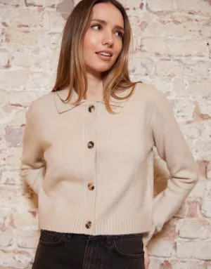 Women's Beige Cropped Collared Knitted Cardigan