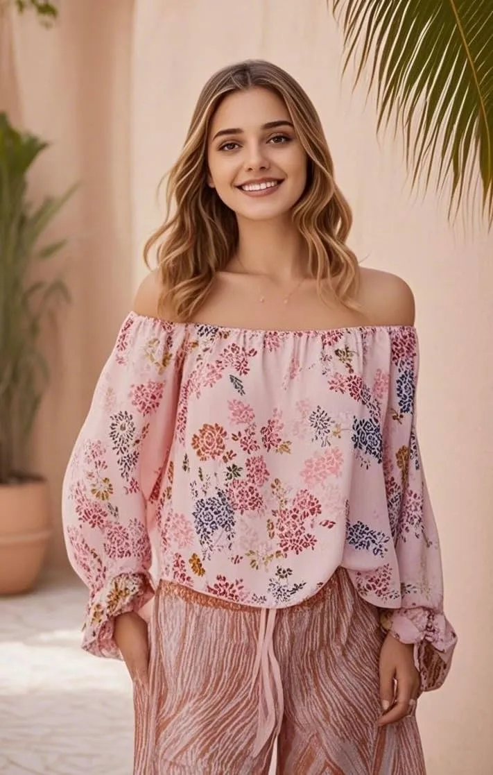 Women's Off-Shoulder Floral Blouse – Lightweight, Breathable & Quick-Dry, Chic Boho Long Sleeve Top for Spring/Summer