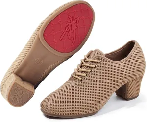 Women's Social Dance Shoes Mesh Breathable Rubber Sole Non-Slip Outdoor Ballroom Dance Pratice Shoes Professional Performance Dance Shoes (Color : Brown-5CM/1.96In, Size : 5.5)